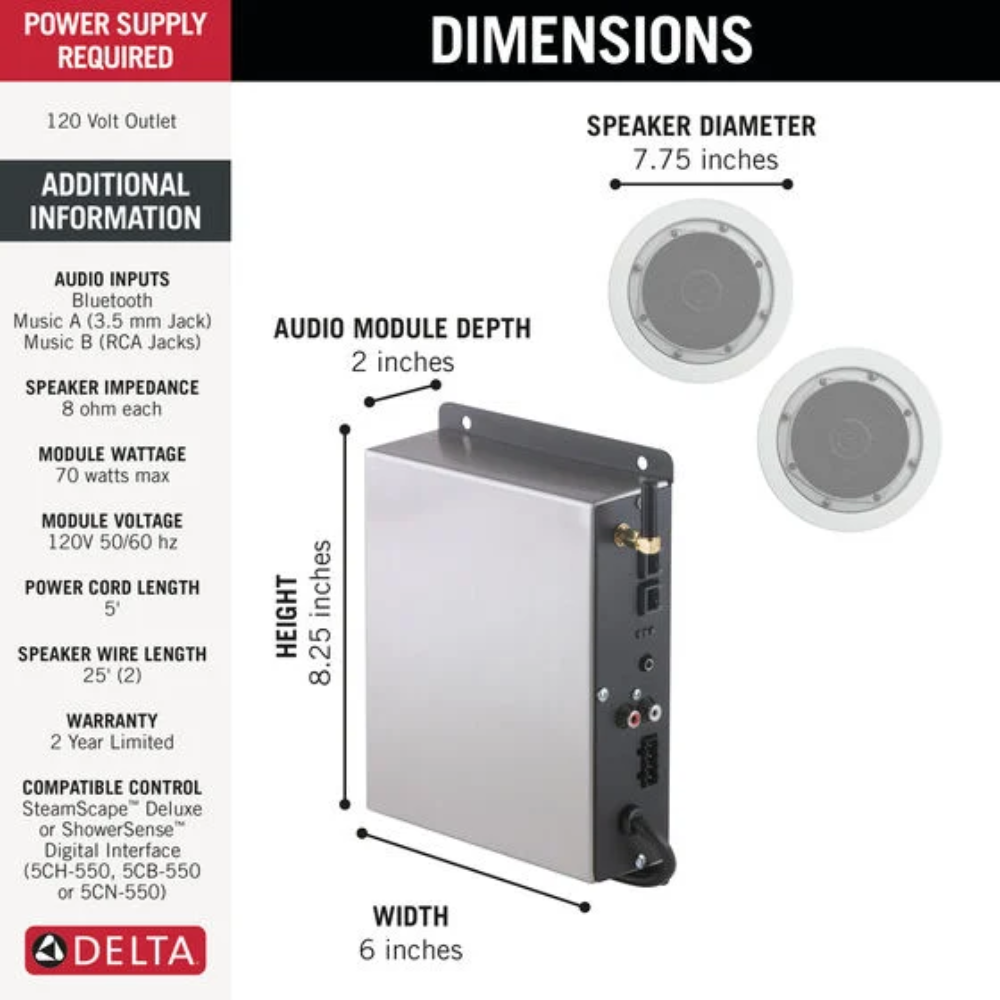 Delta shower speaker system specifications showing audio module dimensions, two round speakers, and power/connectivity detail