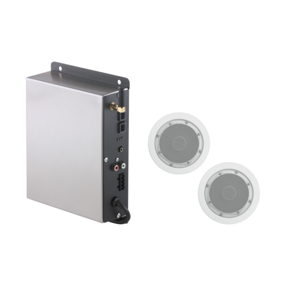 Delta shower speaker system with wall-mounted control unit and two white ceiling-mounted speakers.