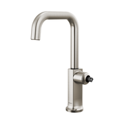 Stainless steel bar faucet with tall curved spout, single handle control, and square spout design.