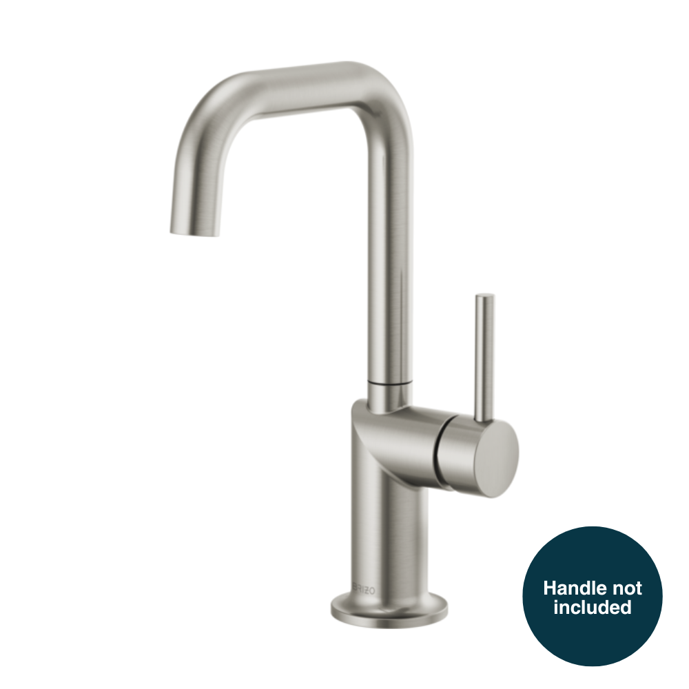 Stainless steel bar faucet with tall squared spout and single cylindrical handle mount, handle not included.