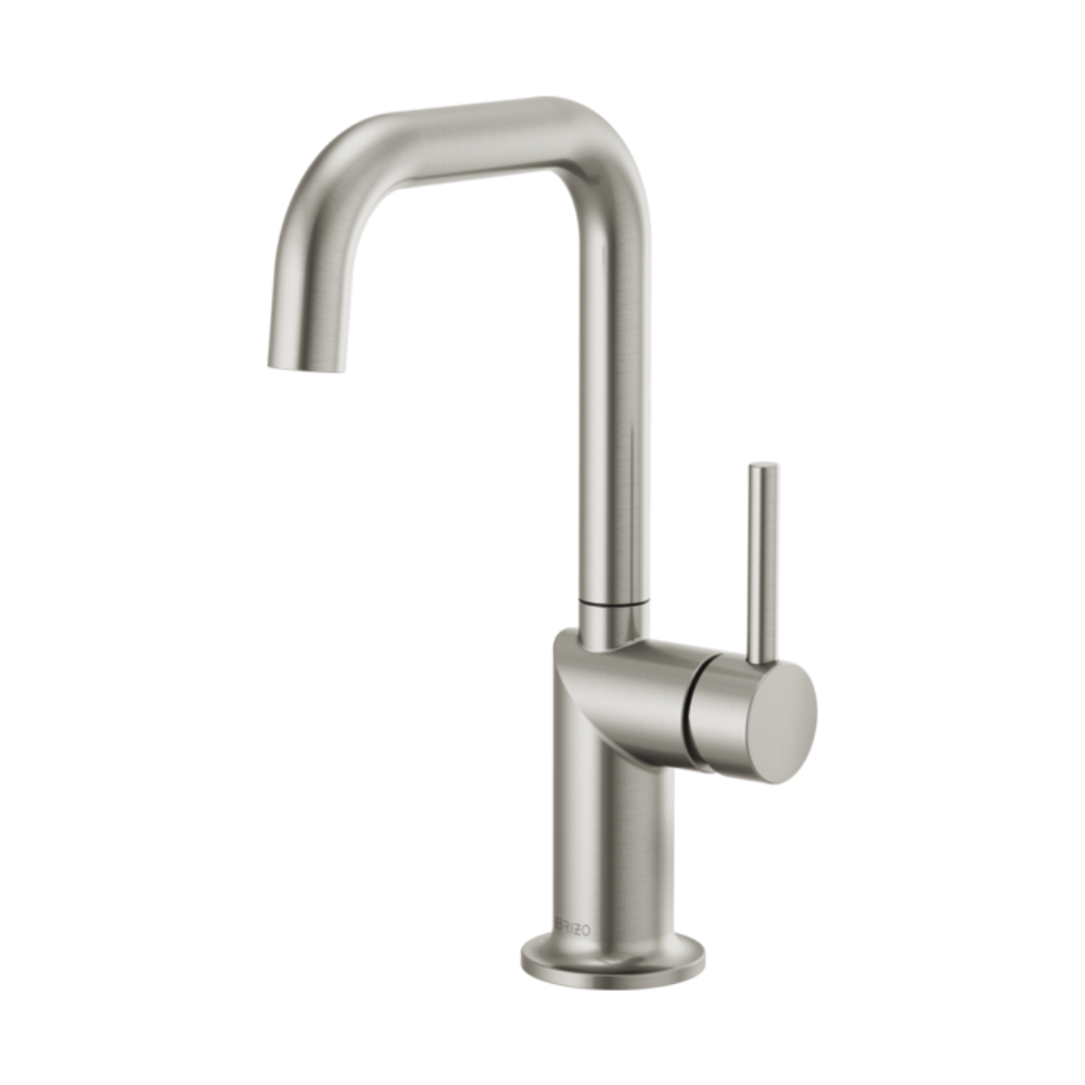 Stainless steel bar faucet with curved square spout and single cylindrical handle on right side.