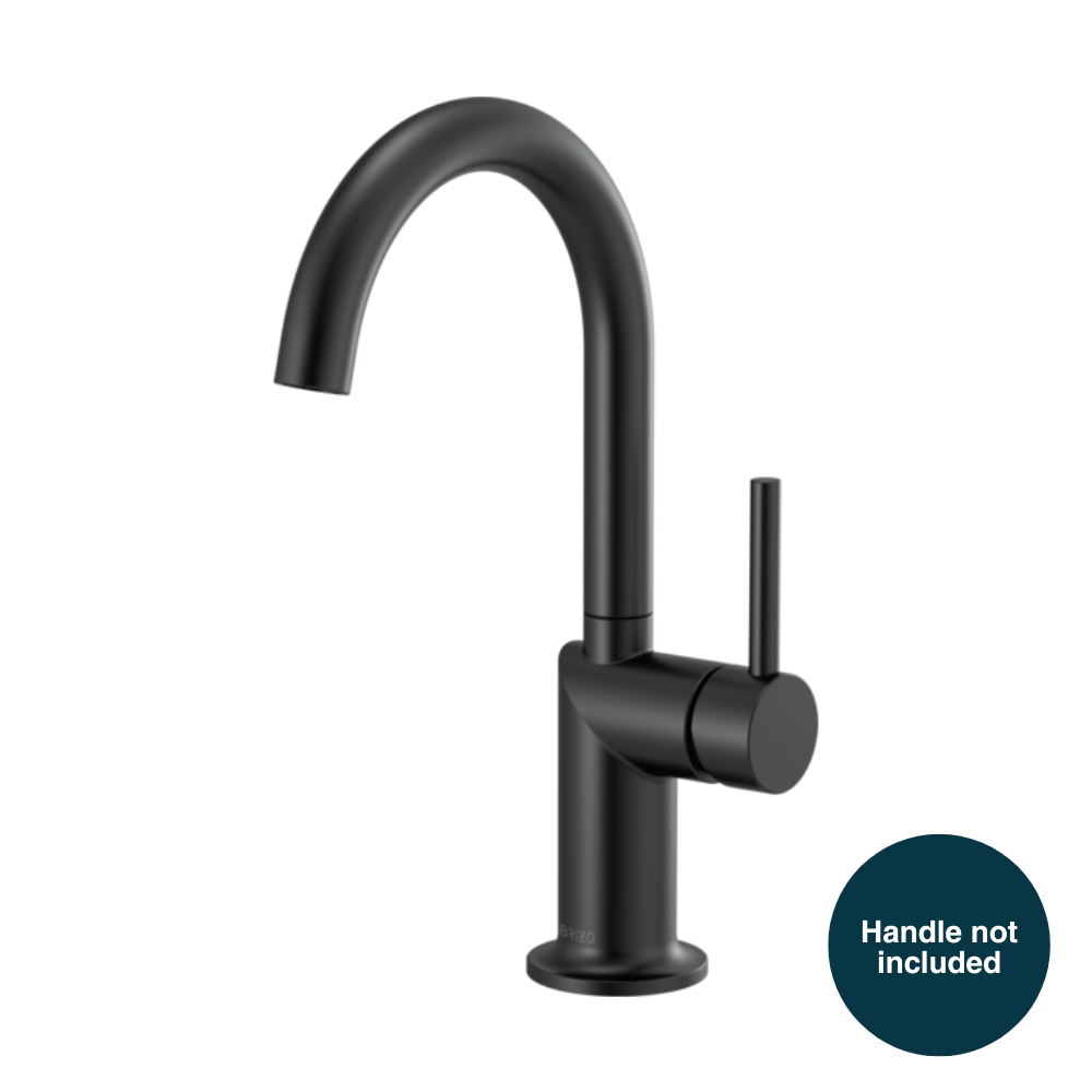 Matte black bar faucet with curved arc spout and single lever handle on cylindrical base.