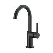 Matte black bar faucet with curved arc spout and single cylindrical handle.