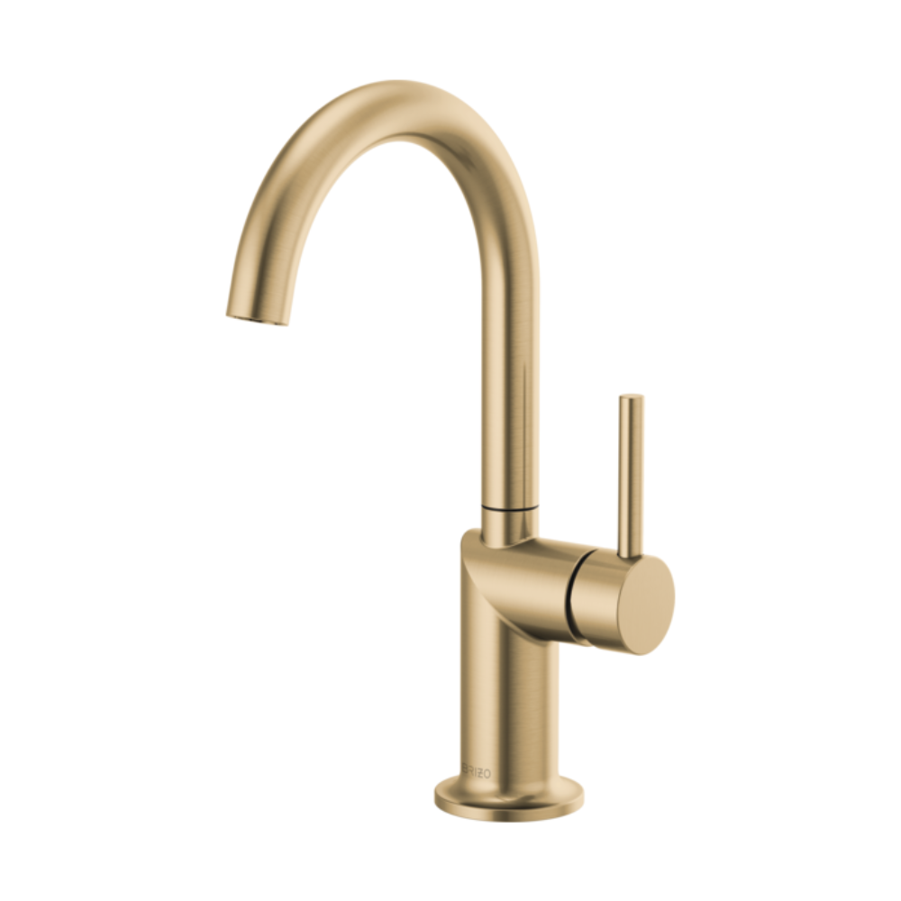 Luxe gold bar faucet with high arc spout and single lever handle on circular base.
