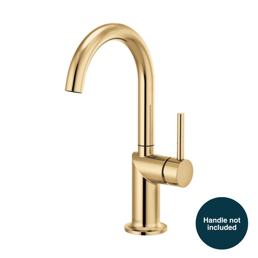 Polished gold bar faucet with curved arc spout and single stem control, handle not included.