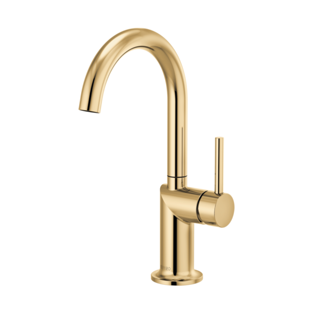 Polished gold bar faucet with curved arc spout and single lever handle.