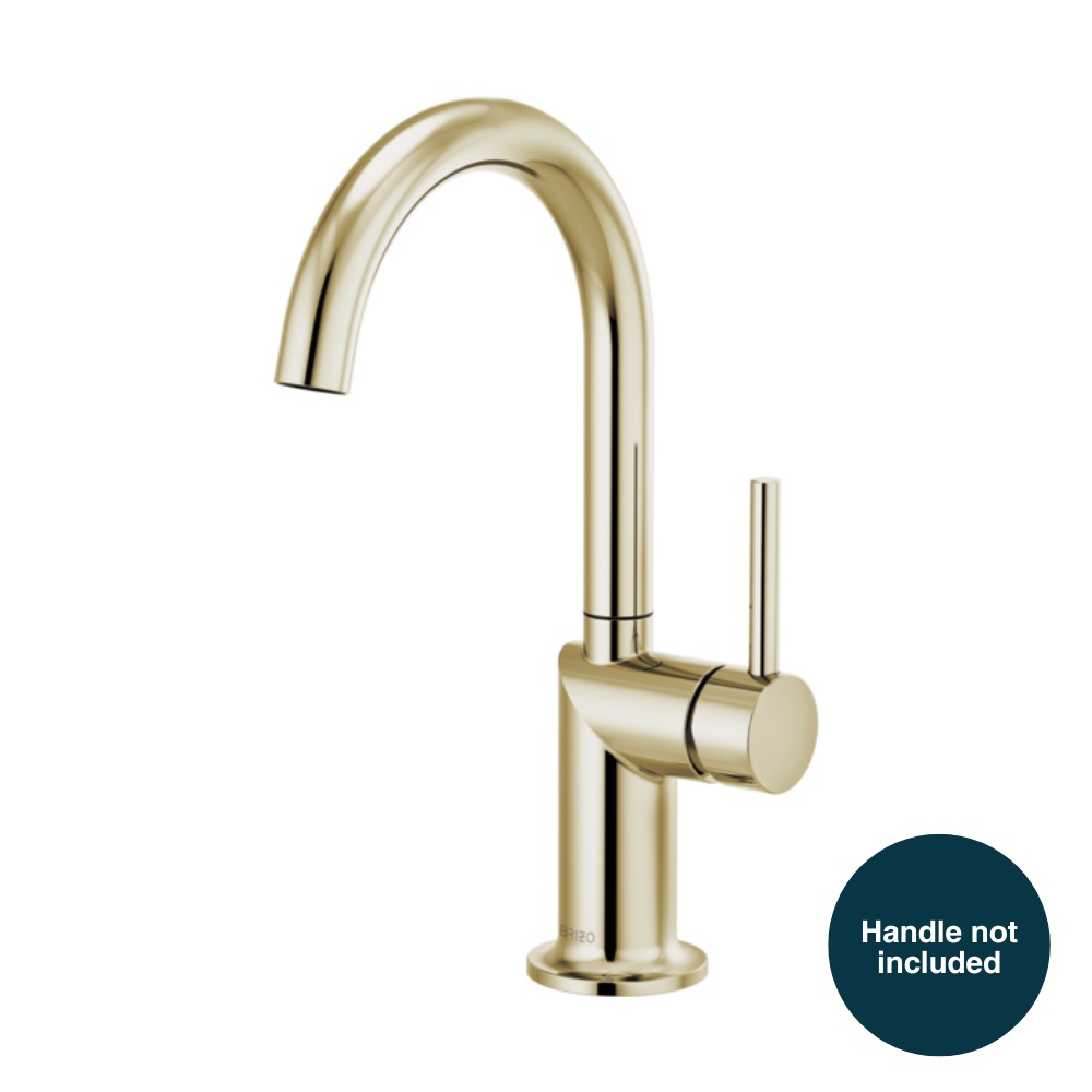 Polished nickel bar faucet with curved arc spout and single cylindrical handle port, handle not included.