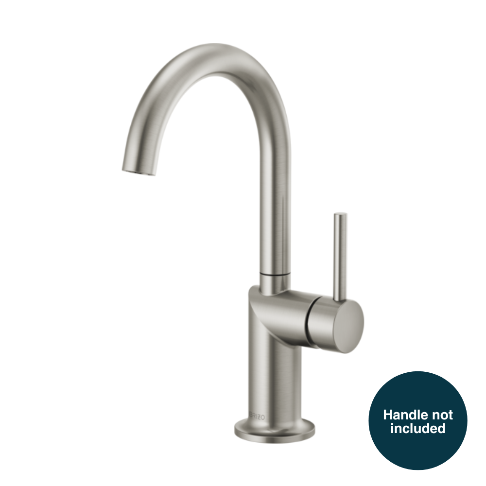 Stainless steel bar faucet with curved arc spout and single stem handle mount, handle not included.