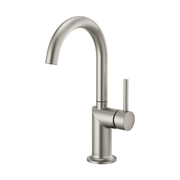 Stainless steel bar faucet with curved arc spout and single side handle on round base.