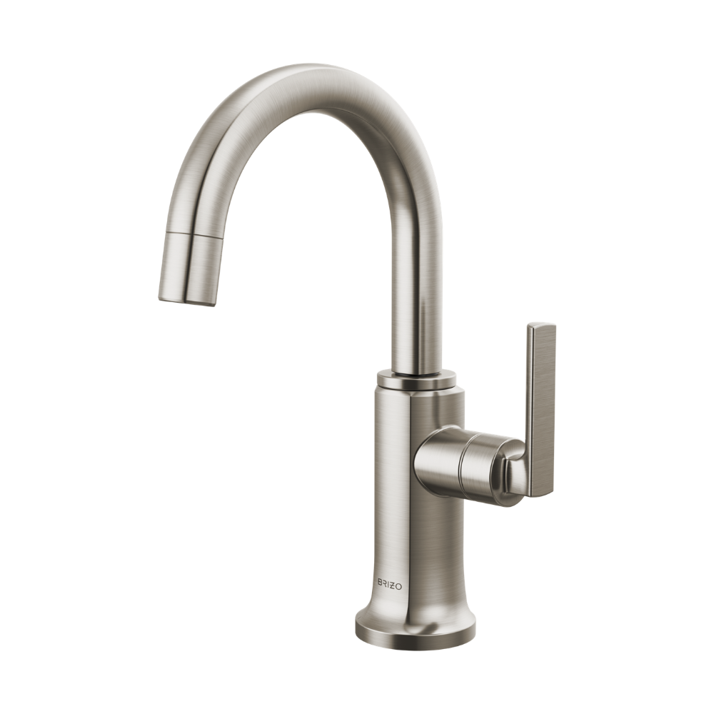 Stainless steel beverage faucet with curved arc spout and single lever handle.