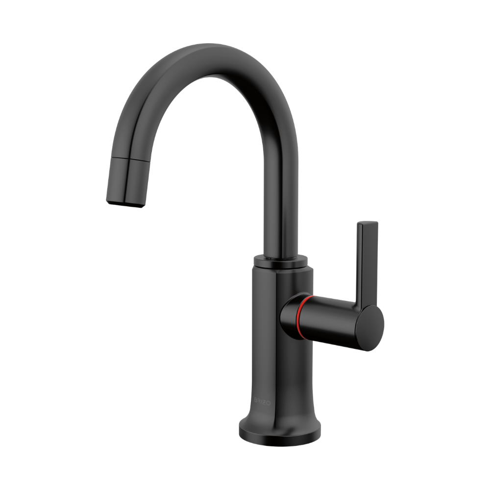 Matte black instant hot faucet with curved arc spout and single lever handle.
