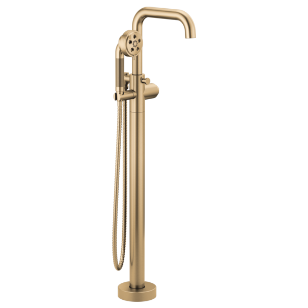 Champagne bronze freestanding tub filler with curved spout, single handle, showerhead, and handheld spray wand.