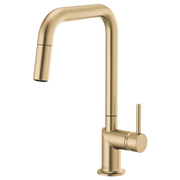 Luxe gold pull-down kitchen faucet with square spout and single cylindrical handle.
