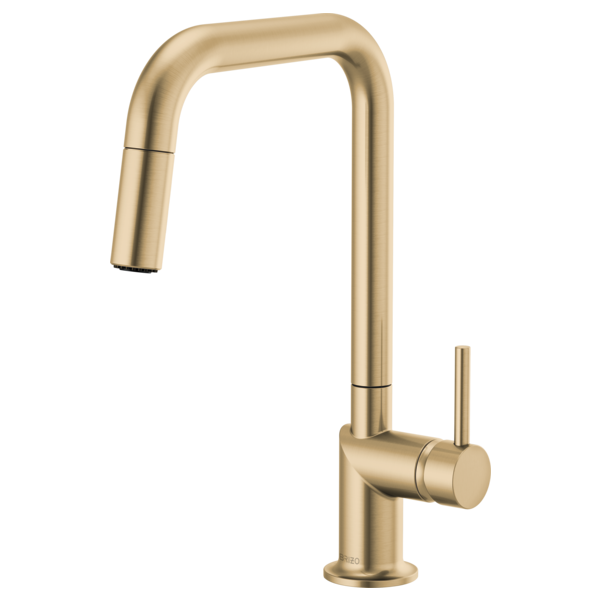 Luxe gold pull-down kitchen faucet with square spout and single cylindrical handle.
