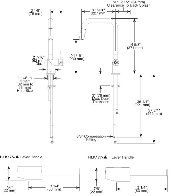 Brizo Odin pull-down faucet with square spout in luxe gold finish, shown with technical specifications and dimensions.