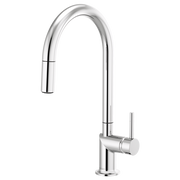 Chrome pull-down kitchen faucet with curved arc spout and single lever handle.