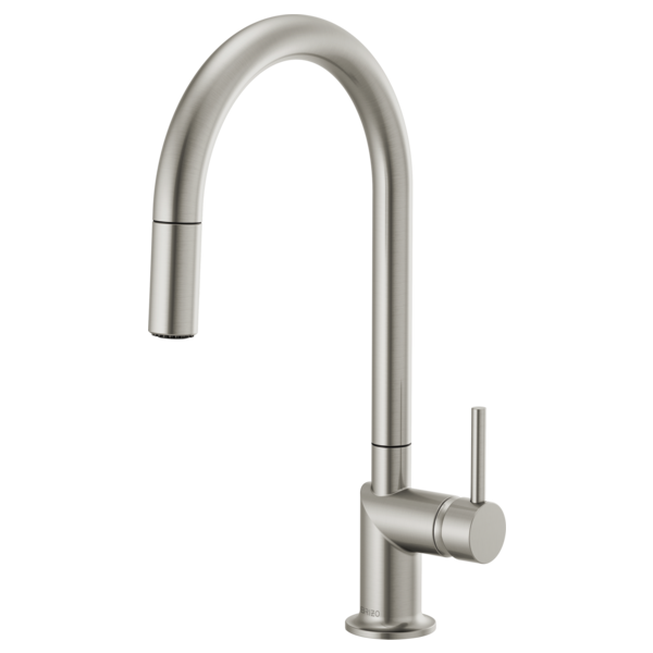 Stainless steel pull-down faucet with arched spout and single lever handle.