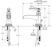Chrome single-handle bathroom faucet with tall spout and curved base, shown in technical elevation view with dimensions.