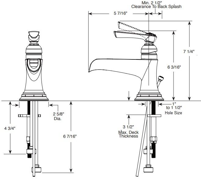 Chrome single-handle bathroom faucet with tall spout and curved base, shown in technical elevation view with dimensions.