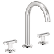Chrome widespread bathroom faucet with curved arc spout and two rectangular lever handles.