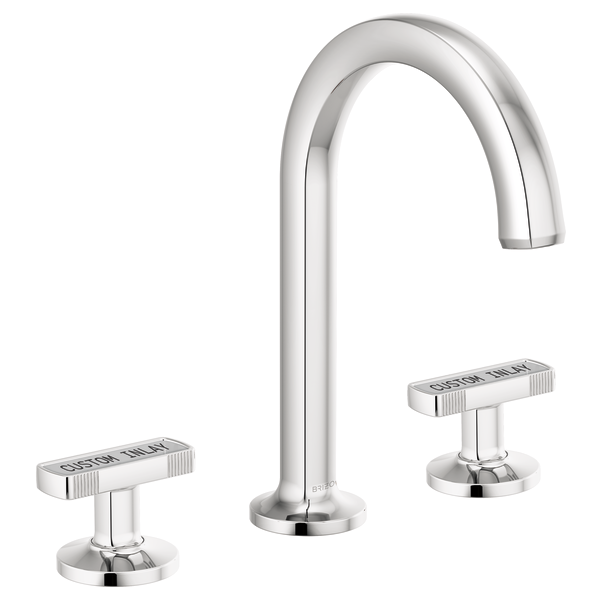 Chrome widespread bathroom faucet with curved arc spout and two rectangular lever handles.