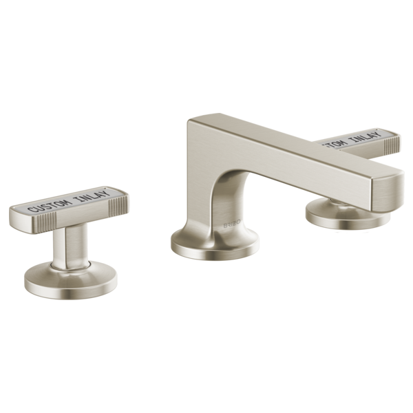 Brushed nickel three-piece widespread faucet with low curved spout and two rectangular handles on circular bases.