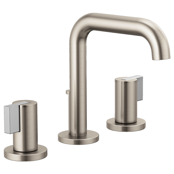 Luxe nickel widespread lavatory faucet with high-arch spout and two cylindrical handles on round bases.