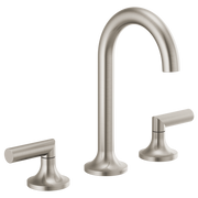 Brushed nickel three-piece widespread lavatory faucet with curved spout and cylindrical lever handles on round bases.