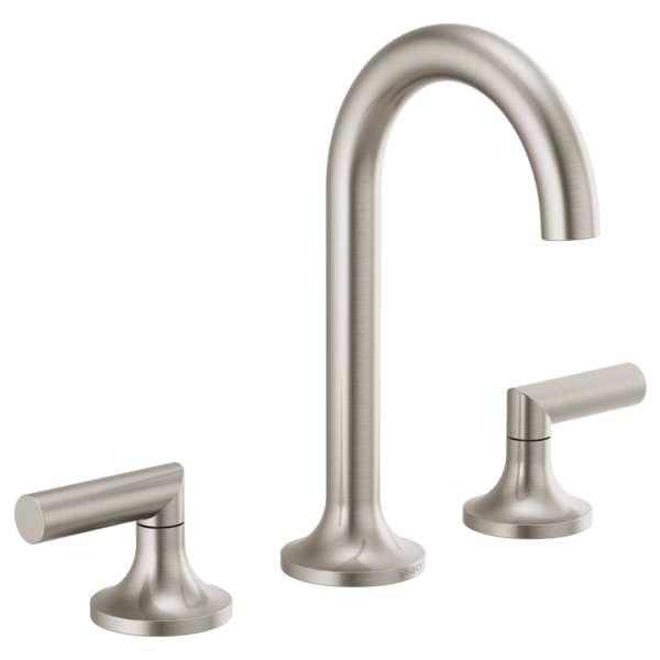 Brushed nickel three-piece widespread lavatory faucet with curved spout and cylindrical lever handles on round bases.