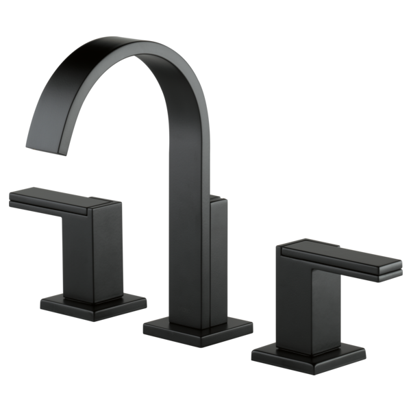 Black matte widespread lavatory faucet with arched spout and two rectangular side spouts on square bases.
