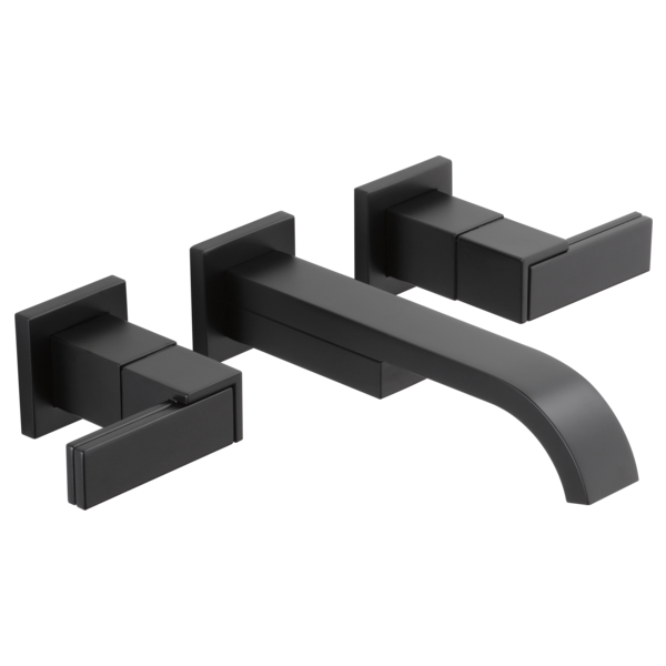 Black wall-mount bathroom faucet with curved spout and two square handles on separate mounting plates.