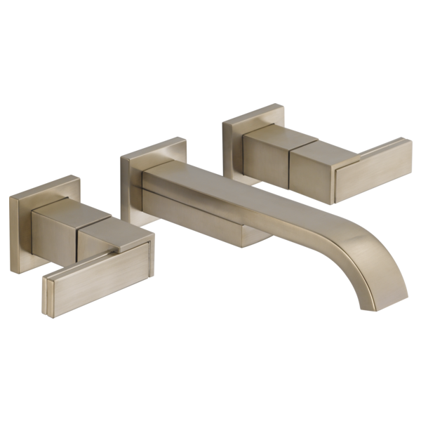 Brushed nickel wall-mount lavatory faucet with curved spout and two square handle escutcheons.