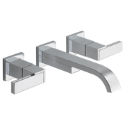 Wall-mounted lavatory faucet with two square handles and curved spout in brushed chrome finish.