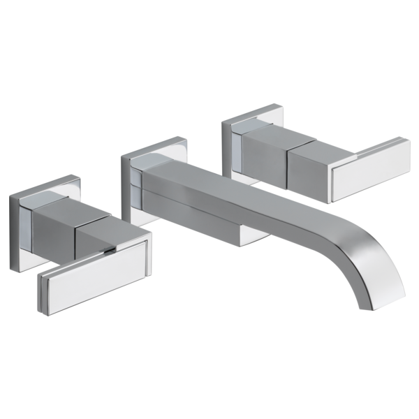 Wall-mounted lavatory faucet with two square handles and curved spout in brushed chrome finish.