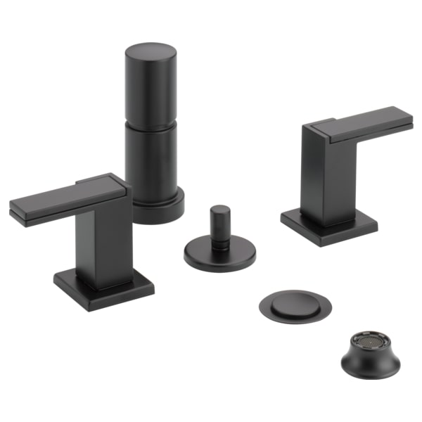 Black bidet faucet set with two lever handles, cylindrical spout, and mounting components.