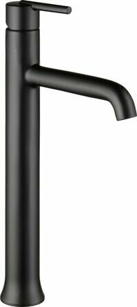 Black single-handle vessel bathroom faucet with tall spout and lever handle.