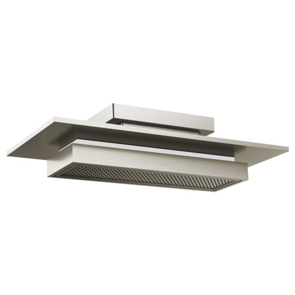 Rectangular stainless steel raincan shower head with layered design, perforated spray face, and integrated lighting element.