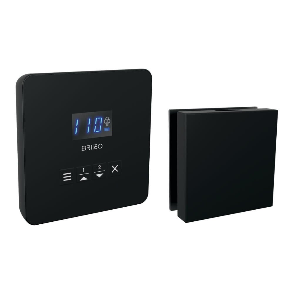 Matte black square steam shower control panel with digital display and buttons, alongside matching steam head unit.