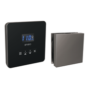 Black square steam control panel with digital display and buttons, paired with matching gray rectangular steam generator unit