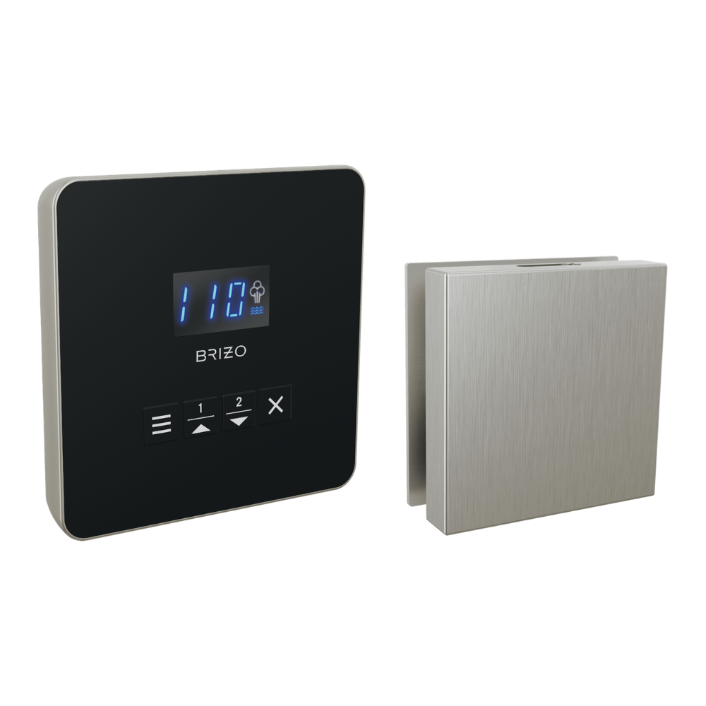 Square nickel steam shower control unit with digital display and buttons, paired with matching square outlet trim plate.