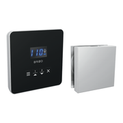 Square chrome steam control unit with digital display and buttons, paired with matching square chrome steam head outlet.