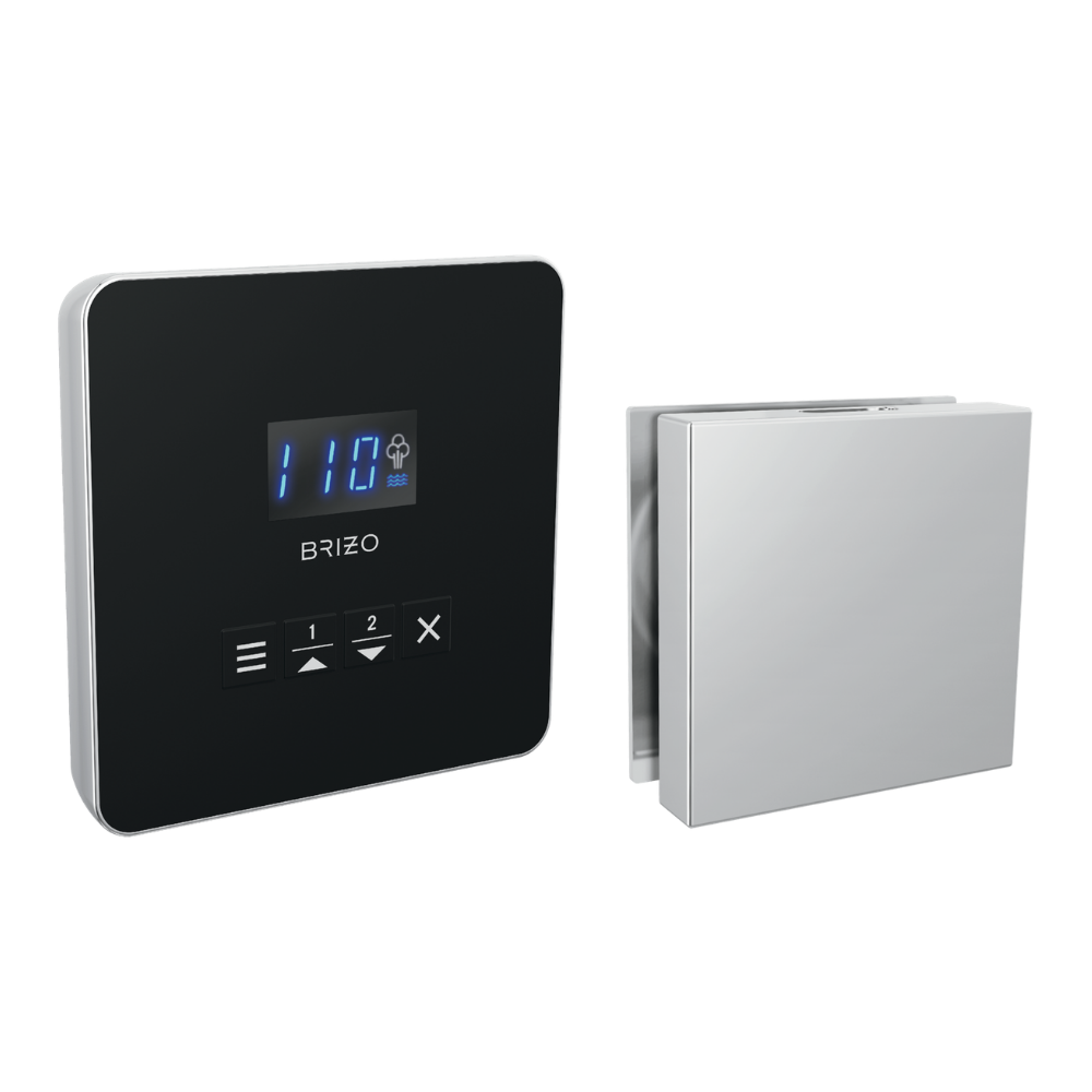 Square chrome steam control unit with digital display and buttons, paired with matching square chrome steam head outlet.