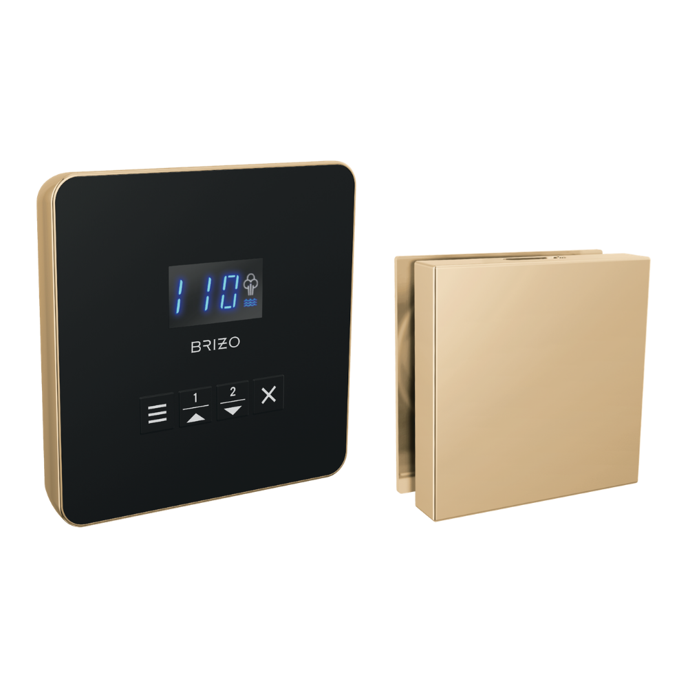 Polished gold steam controller with black face panel and digital display, paired with matching square steam head.