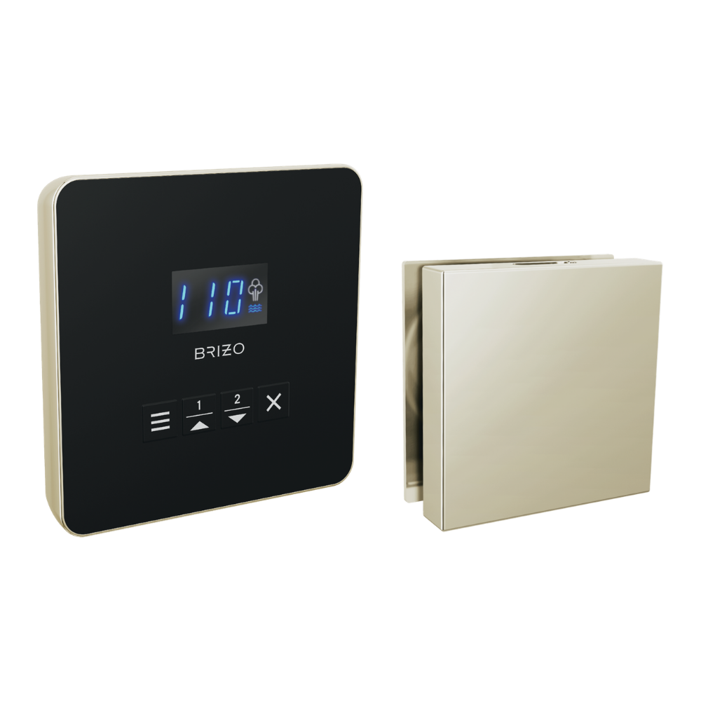 Brizo steam shower control with black and nickel interface displaying digital temperature, paired with polished nickel square