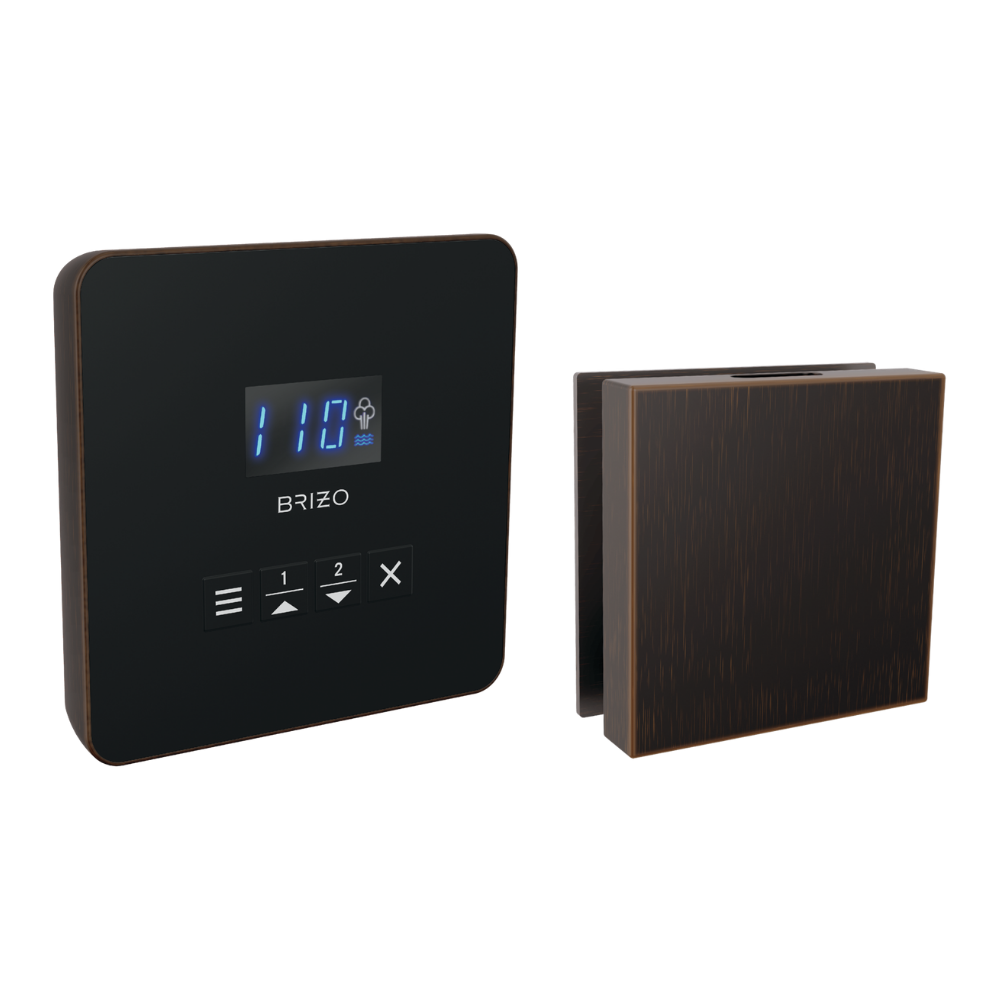Brizo square steam shower control panel and trim kit in Venetian bronze with digital display and buttons.