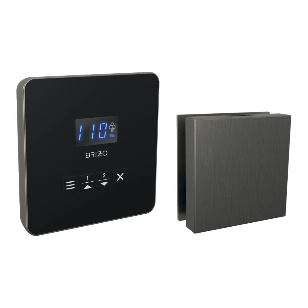 Black and steel square steam shower control unit with digital display and buttons, paired with matching steel outlet cover.