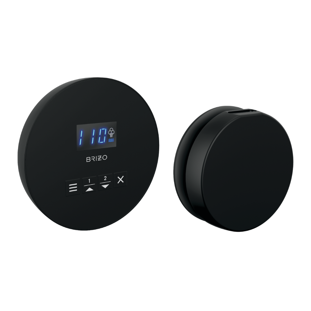 Matte black round steam control unit with digital display and buttons, paired with matching round wall outlet.