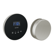 Round brushed nickel steam shower control with digital display and buttons, paired with matching round trim ring.