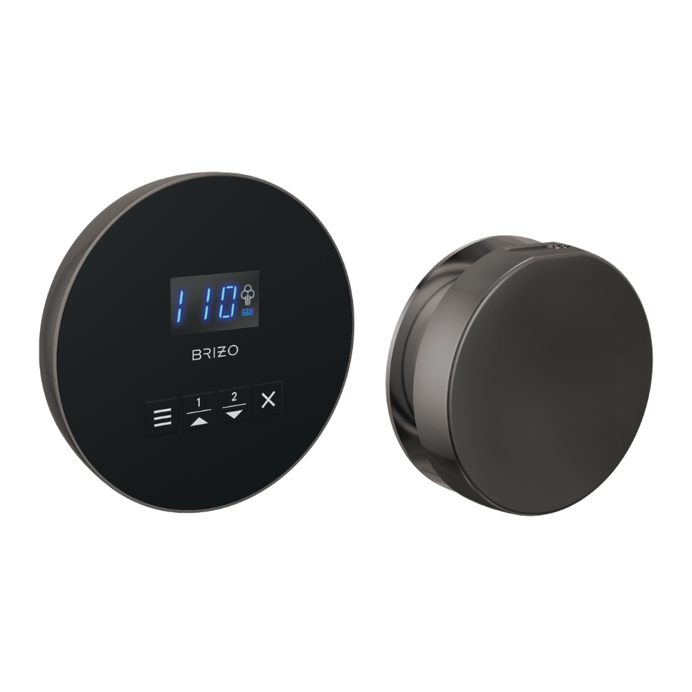 Round black matte steam shower control panel with digital display and buttons, paired with matching circular trim ring.