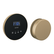 Round gold steam control panel with digital display and buttons, paired with matching round gold steam outlet.